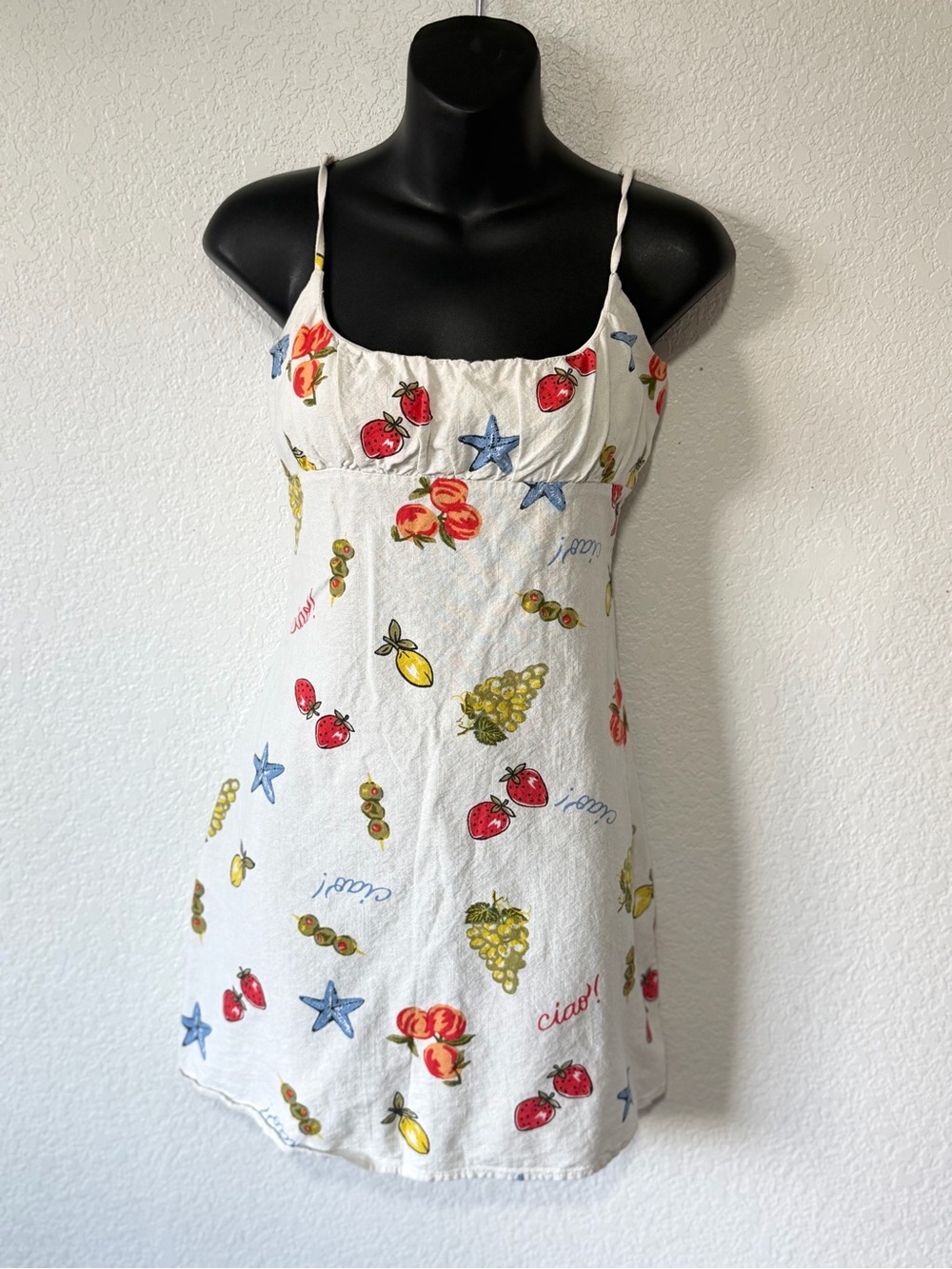 Derek Heart White Fruit & Star Print Slip Dress with Red, Yellow & Blue Accents